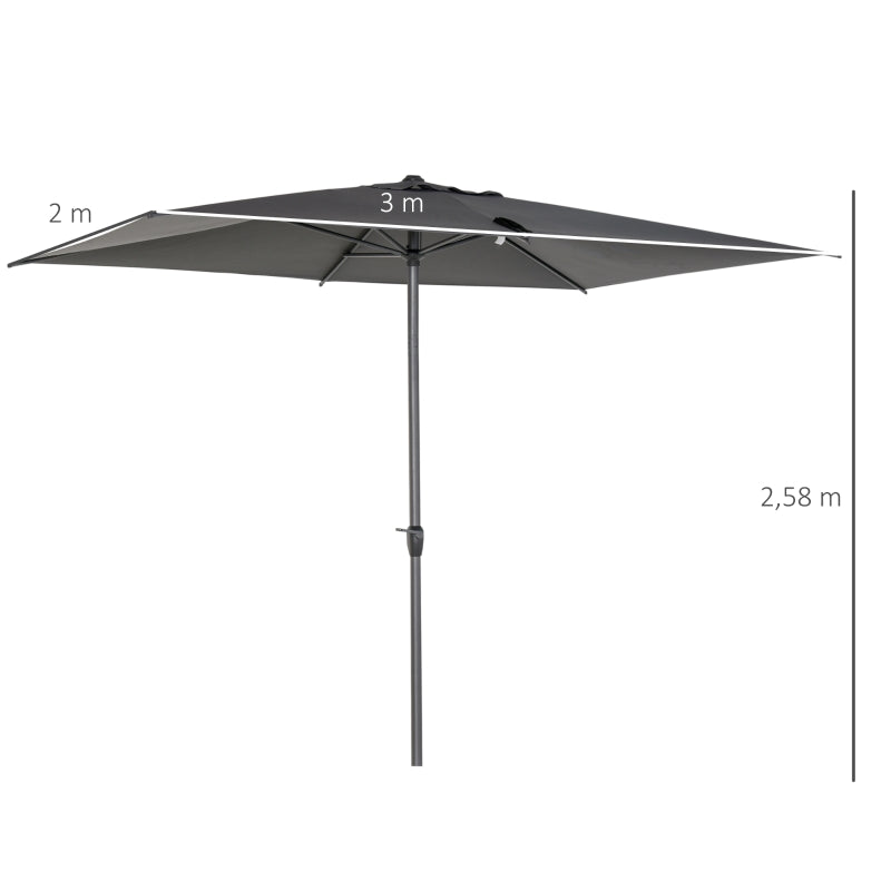 Outsunny 3 x 2m Garden Parasol Patio Sun Umbrella Canopy Rectangular Sun Shade Aluminium Crank Tilt Mechanism, Dark Grey