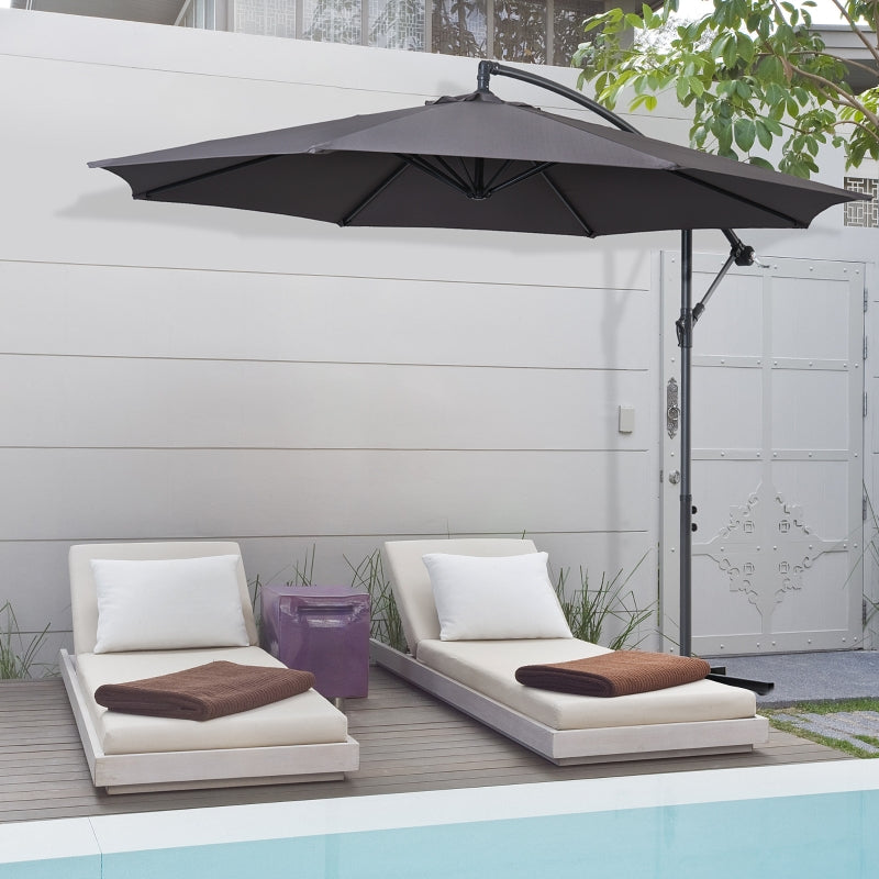 Outsunny 3(m) Garden Banana Parasol Hanging Cantilever Umbrella with Crank Handle, 8 Ribs and Cross Base for Outdoor, Sun Shade, Grey