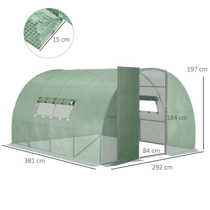 Outsunny 4 x 3 x 2 m Walk-In Greenhouse Polytunnel Greenhouse Plant Gardening Hot House with Steel Frame and Mesh Windows, Green