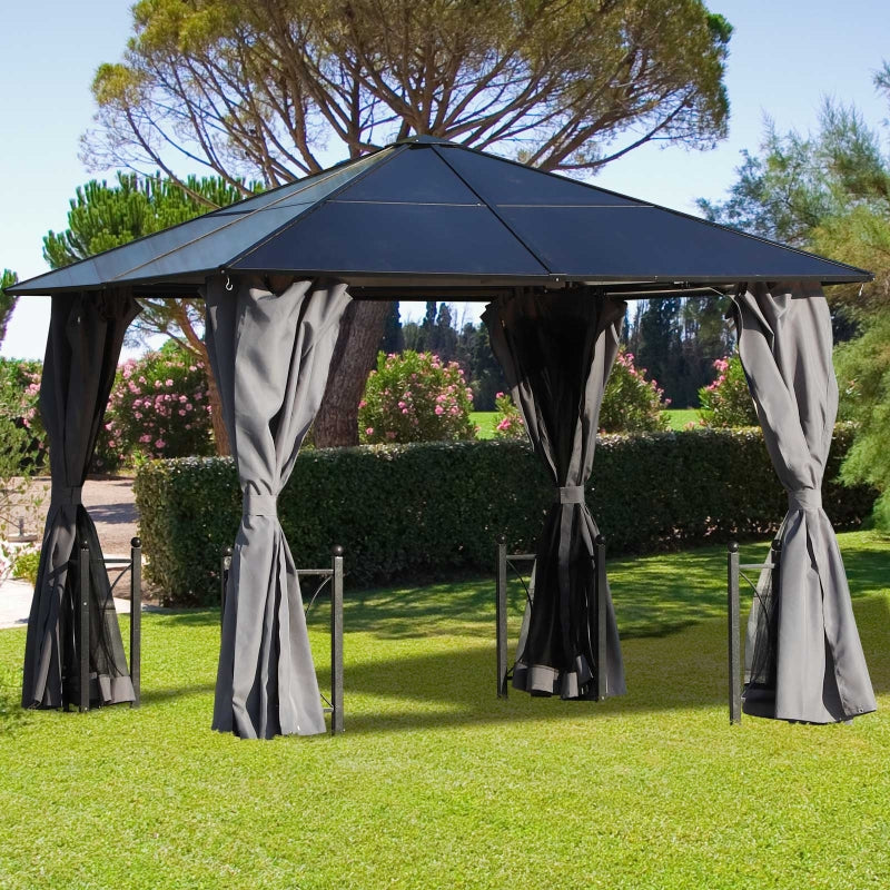 Outsunny 3 x 3(m) Hardtop Gazebo Canopy with Polycarbonate Roof, Steel & Aluminium Frame, Garden Pavilion with Mosquito Netting and Curtains, Black