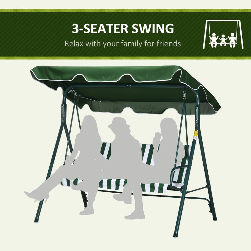 Outsunny 3 Seater Garden Swing Chair W/ Adjustable Canopy, Garden Swing Seat with Steel Frame, Padded Seat, Green