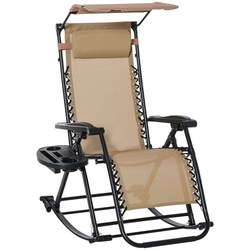 Outsunny Garden Rocking Chair Folding Recliner Outdoor Adjustable Sun Lounger Rocker Zero-Gravity Seat with Headrest Side Holder Patio Deck - Beige