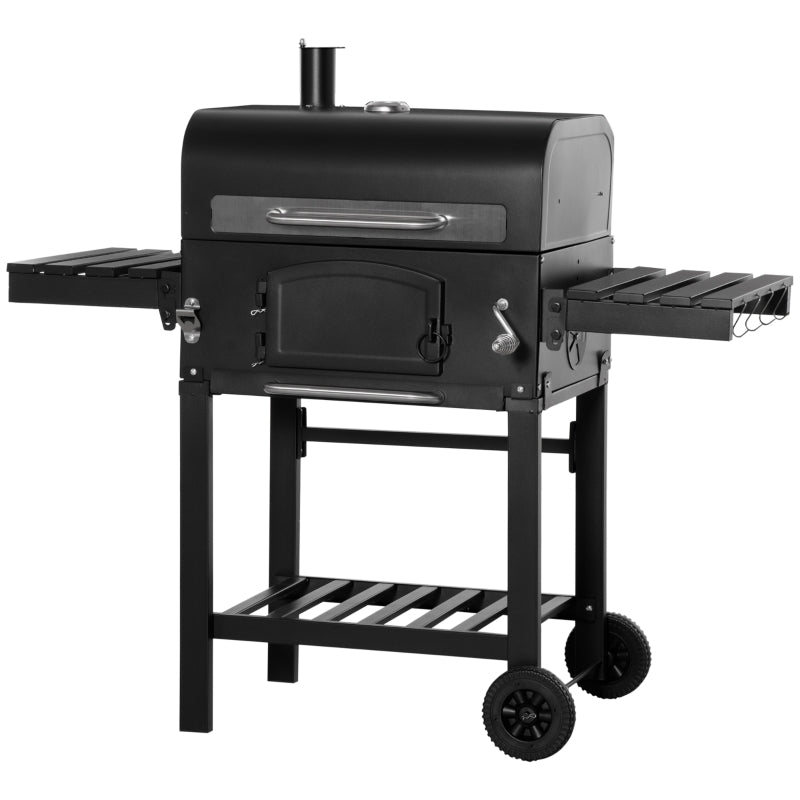 Outsunny Charcoal Barbecue Grill 3-in-1 Garden BBQ Trolley w/ Adjustable Charcoal Pan Height, Folding Shelves, Adjustable Opening and Thermometer