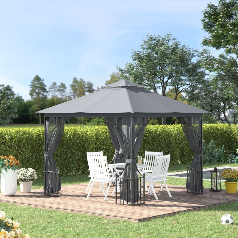 Outsunny 3 x 3 M Garden Gazebo Patio Party Tent Shelter Outdoor Canopy Double Tier Sun Shade Metal Frame Light Grey