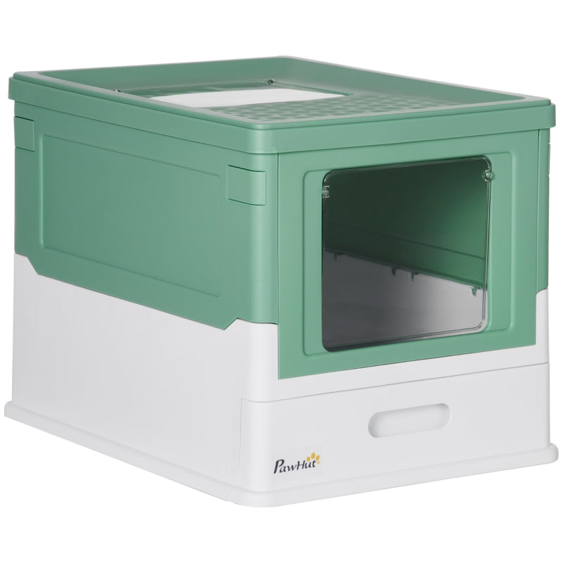 PawHut Hooded Cat Litter Box Scoop Included, Litter Tray with Front Entry Top Exit, Portable Pet Toilet with Large Space, 47.5 x 35.5 x 36.7 cm Green