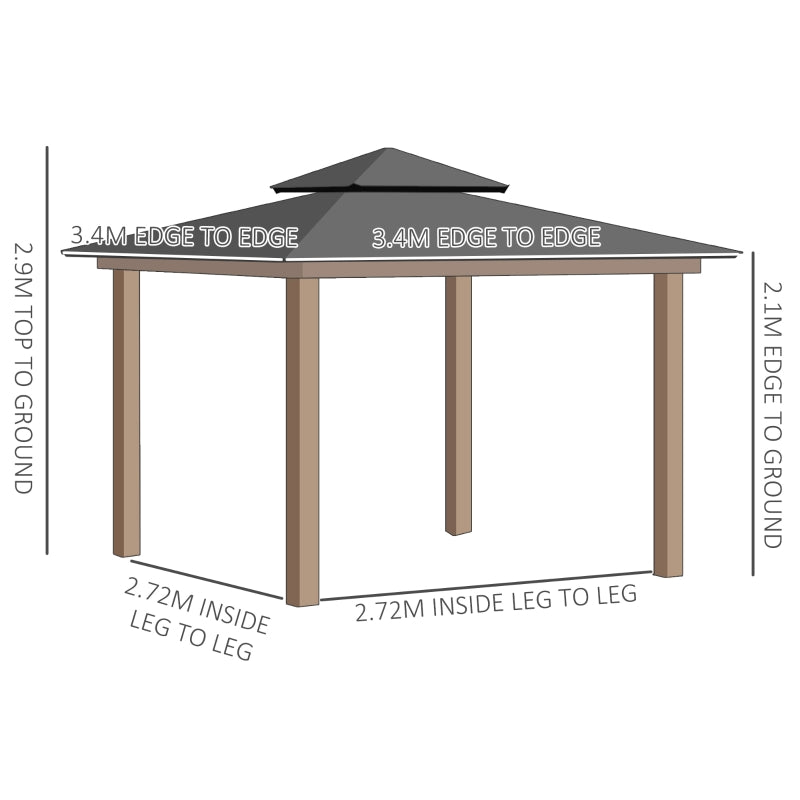 Outsunny 3.5 x 3.5m Outdoor Aluminium Hardtop Gazebo Canopy with 2-Tier Roof and Solid Wood Frame Outdoor Patio Shelter for Patio, Garden, Grey