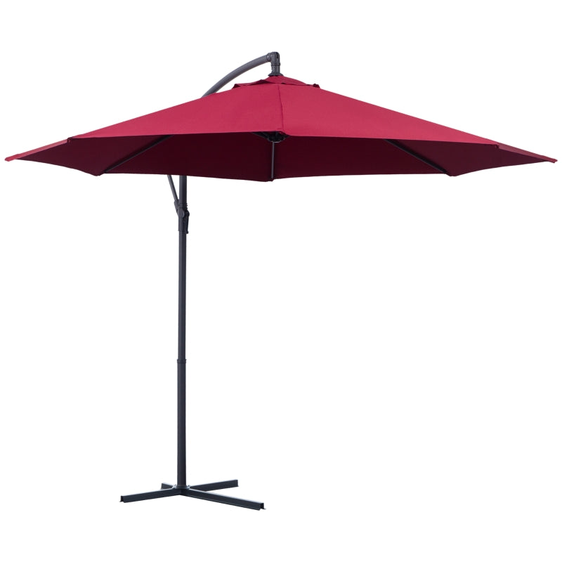 Outsunny 3(m) Garden Banana Parasol Hanging Cantilever Umbrella with Crank Handle and Cross Base for Outdoor, Sun Shade, Wine Red