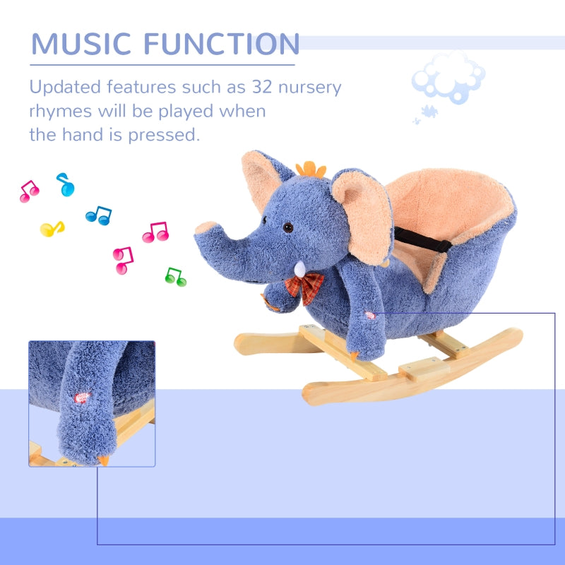 HOMCOM Children Kids Rocking Horse Toys Plush Elephant Rocker Seat with Sound Toddler Baby Gift Blue