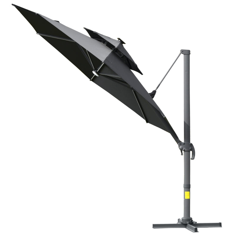 Outsunny 3m Cantilever Parasol w/ Solar Lights Power Bank Cross Base Adjustable Canopy 360° Spin Outdoor Garden Umbrella 2-Tier Roof Sun Shade Grey