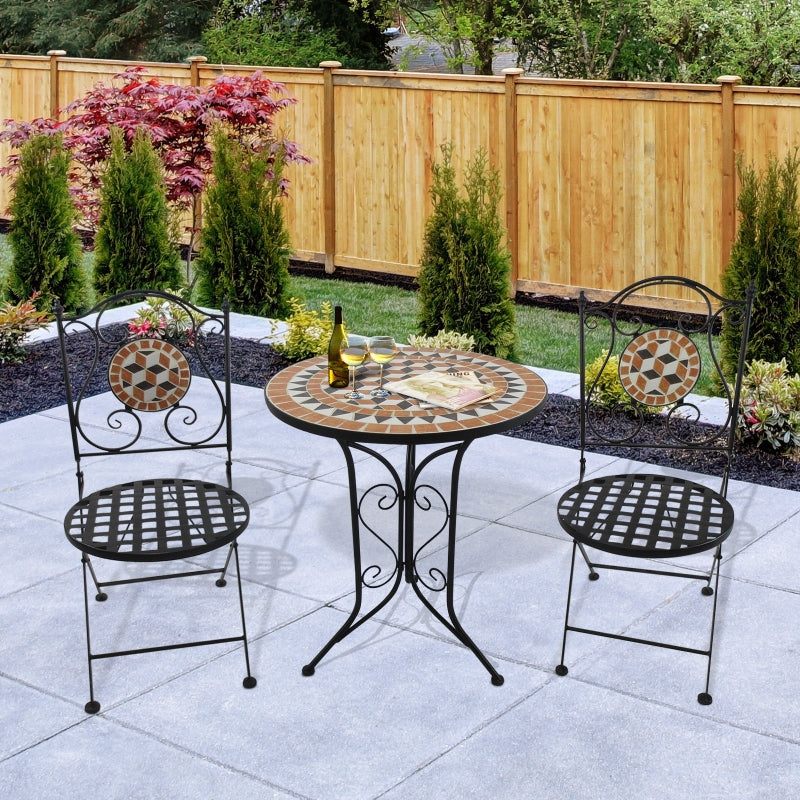 Outsunny 3 PCs Garden Mosaic Bistro Set Outdoor Patio 2 Folding Chairs & 1 Round Table  Outdoor Metal Furniture Vintage