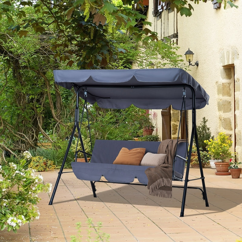 Outsunny 3 Seater Canopy Swing Chair Garden Rocking Bench Heavy Duty Patio Metal Seat w/ Top Roof - Grey