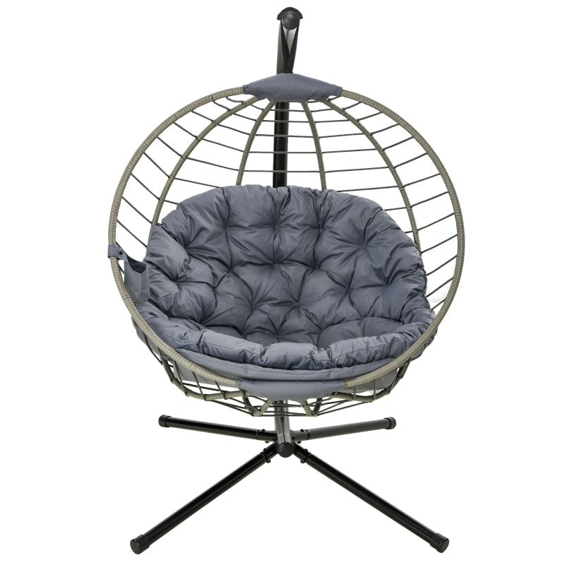 Outsunny PE Rattan Swing Chair, Outdoor Hanging Chair with Metal Stand, Thick Padded Cushion, Foldable Basket and Cup Holder, for Indoor Outdoor Grey