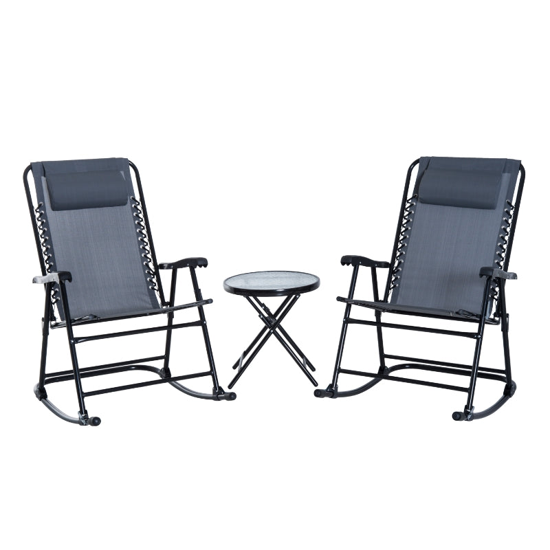 Outsunny 3 Piece Outdoor Rocking Set with 2 Folding Chairs and 1 Tempered Glass Table, Patio Bistro Set for Garden, Deck, Grey