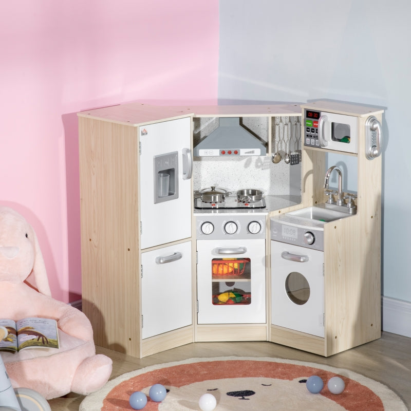 HOMCOM Toy Kitchen for Kids with Role Play Accessories, Wooden Corner Pretend Kitchen with Sound and Light, Phone, Microwave, Refrigerator, Ice Maker