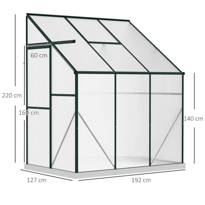 Outsunny Walk-In Lean to Greenhouse Garden Heavy Duty Aluminium Polycarbonate with Roof Vent for Plants Herbs Vegetables, Green, 192 x 127 x 220 cm