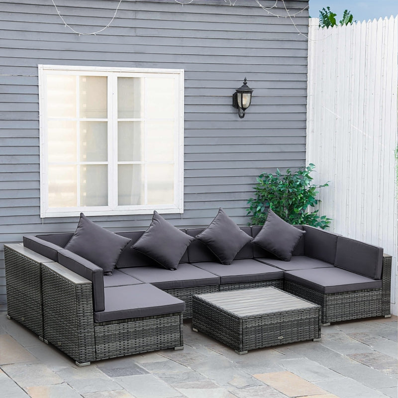 Outsunny 7 Pieces Patio Wicker Sofa Set, Outdoor PE Rattan Sectional Furniture Set w/ Acacia Table Top & Cushion for Garden, Backyard, Grey