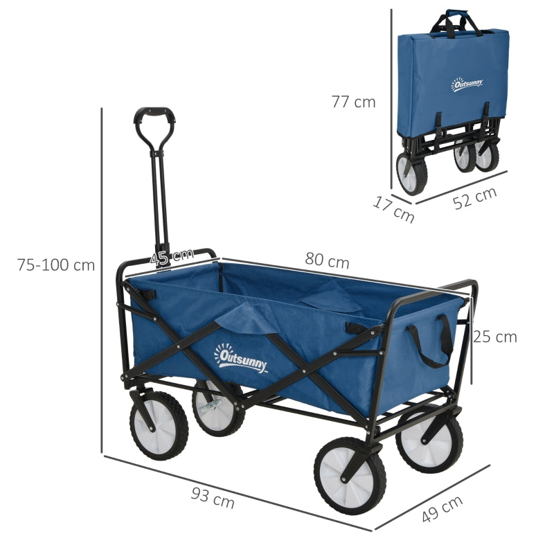 Outsunny Pull Along Cart Folding Cargo Wagon Trailer Trolley for Beach Garden Use with Telescopic Handle - Blue