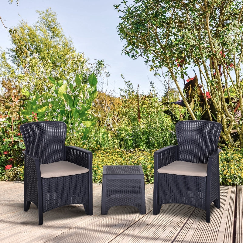 Outsunny 3 PCS Rattan Effect Garden Bistro Set  2 Chairs & Coffee Table Set with Cushion Patio Lawn Balcony Furniture - Dark Brown