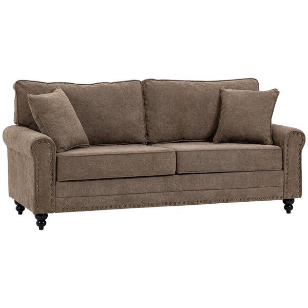 HOMCOM 2 Seater Sofas for Living Room, Fabric Sofa with Nailhead Trim, Loveseat with Cushions and Throw Pillows, Brown