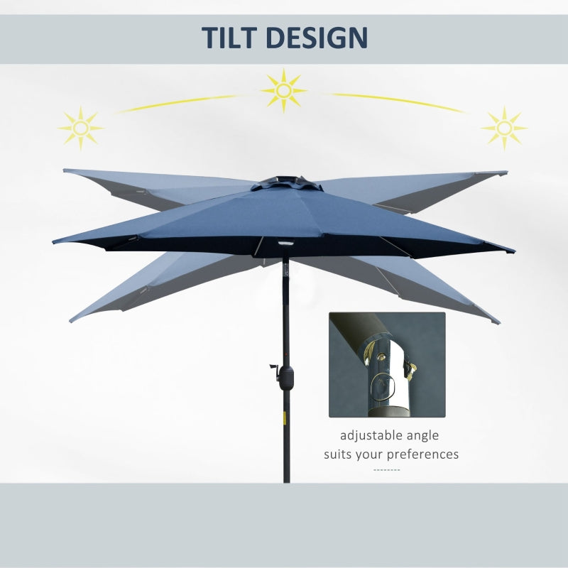 Outsunny 2.7m Garden Parasol Sun Umbrella Patio Summer Shelter w/ LED Solar Light, Angled Canopy, Vent, Crank Tilt, Blue