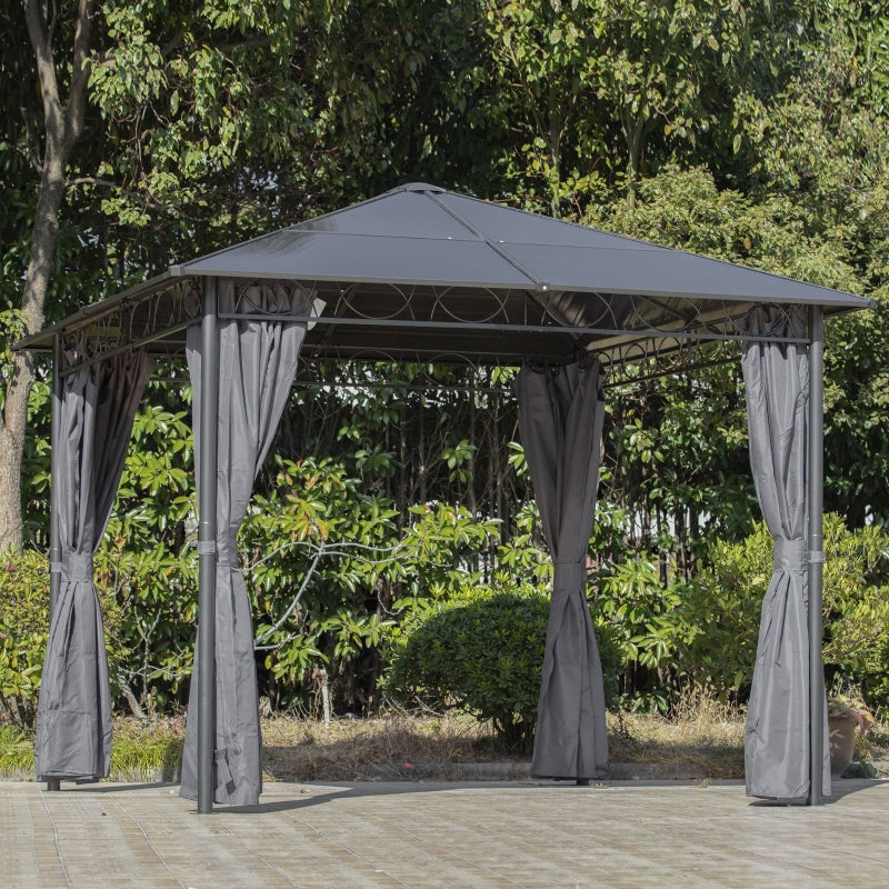 Outsunny 3 x 3(m) Hardtop Gazebo with UV Resistant Polycarbonate Roof, Steel & Aluminum Frame, Garden Pavilion with Curtains, Grey