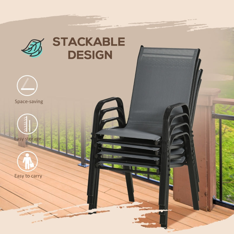 Outsunny Set of 4 Garden Dining Chair Set Stackable Outdoor Patio Furniture Set with Backrest and Armrest, Dark Grey