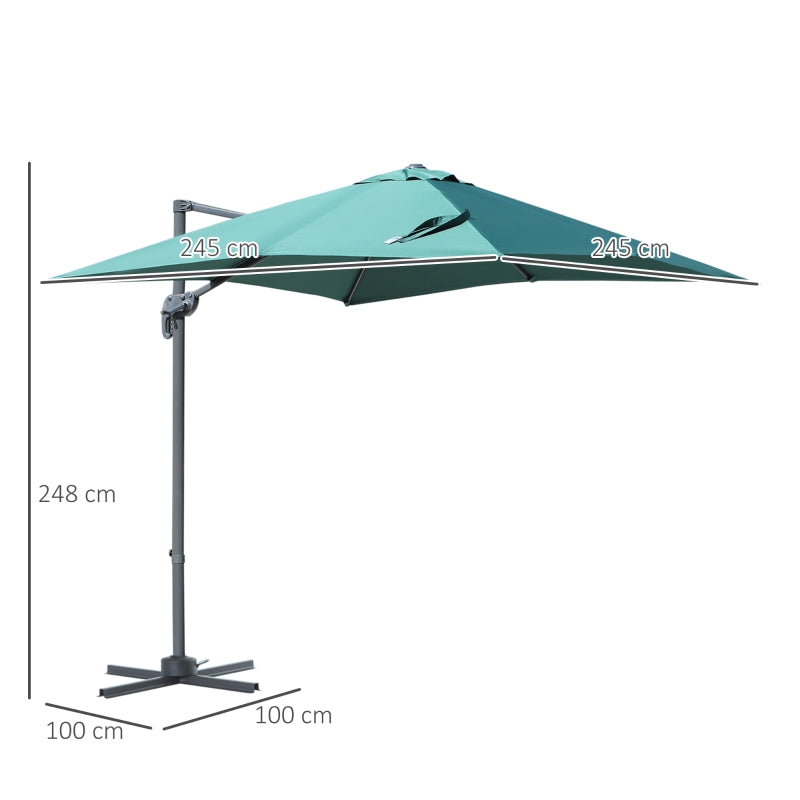 Outsunny 2.5 x 2.5m Square Patio Parasol Offset Cantilever Sun Umbrella 360° Rotation w/ Cross Base - Green