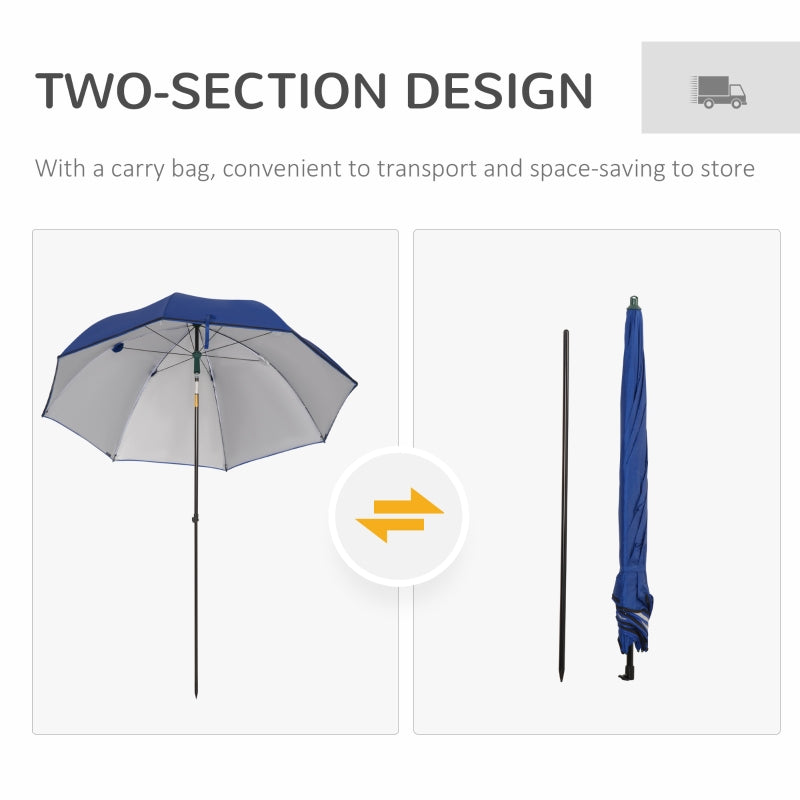 Outsunny 2m Beach Parasol Fishing Umbrella Brolly with Sides and Push Botton Tilt Sun Shade Shelter with Carry Bag, UV30+, Blue