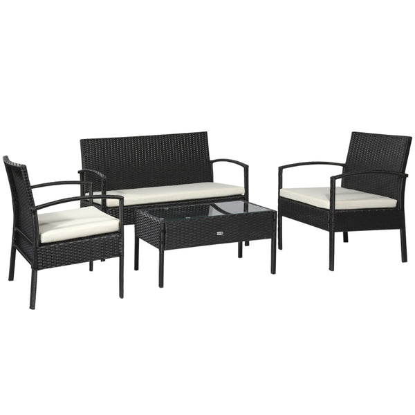 Outsunny 4-Seater Rattan Garden Furniture Set Black Cream Outdoor Patio Wicker Weave Chairs Table Conservatory Seaters Bistro Set