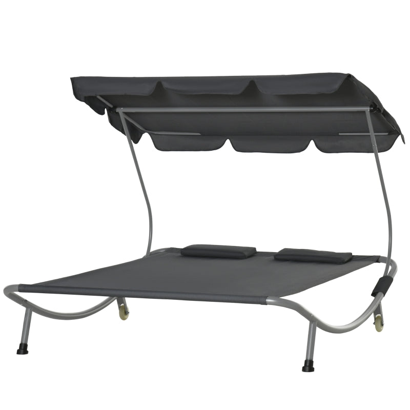 Outsunny Patio Double Hammock Sun Lounger Bed w/ Canopy Shelter, Wheels & 2 Pillows, Grey