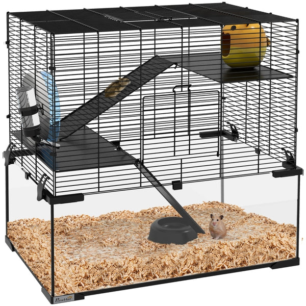 PawHut 3 Tiers Hamster Cage, Gerbil Cage with Deep Glass Bottom, Non-Slip Ramps, Platforms, Hut Exercise Wheels Water Bottle for Syrian Dwarf Hamster