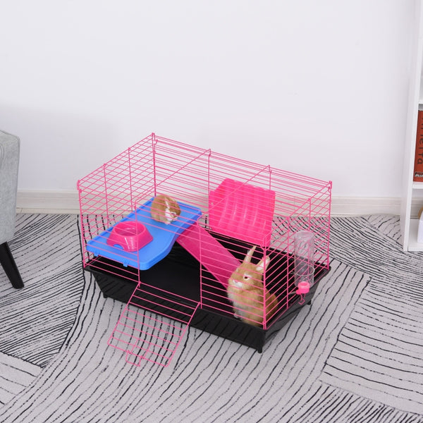 PawHut Dwarf Hamster Metal Cage w/ Tunnels Water Bottle Food Dish Pink