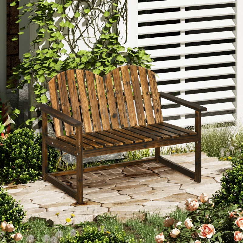 Outsunny Outdoor Wooden Garden Bench, Patio Loveseat Chair with Slatted Backrest and Smooth Armrests for Two People, for Yard Lawn Carbonised Finish