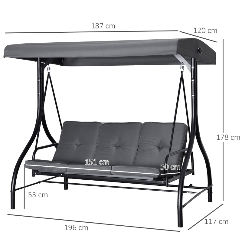 Outsunny 3 Seater Canopy Swing Chair Porch Hammock Heavy Duty 2 in 1 Garden Bench Lounger Bed with Metal Frame - Dark Grey