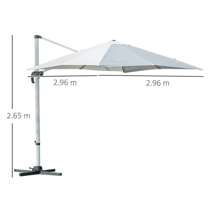 Outsunny 3m Cantilever Roma Parasol Aluminium Frame 360 Rotation Hanging Parasol with/ Cross Base White