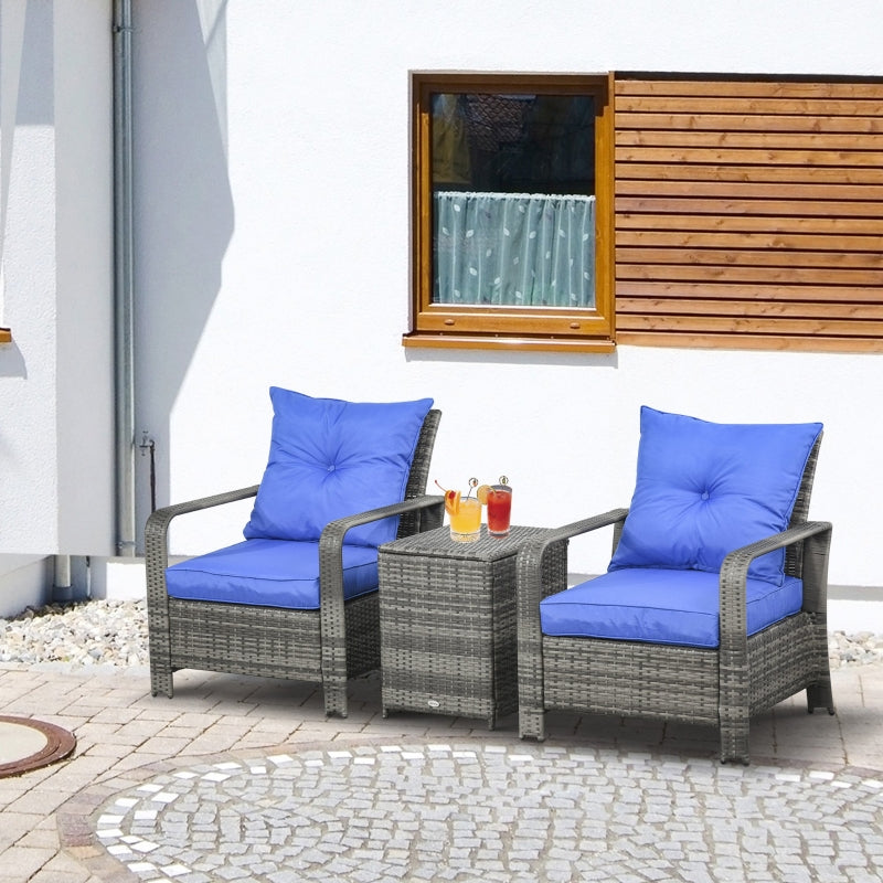 Outsunny 3 pcs PE Rattan Wicker Garden Furniture Patio Bistro Set Weave Conservatory Sofa Storage Table and Chairs Set Blue Cushion Grey Wicker