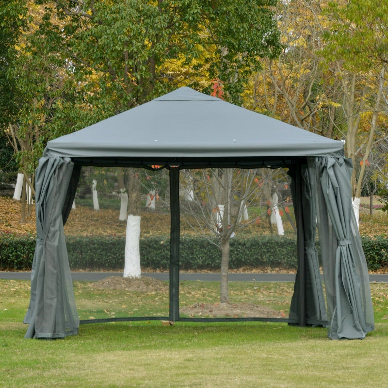 Outsunny 3(m) Garden Gazebo Canopy Party Tent Garden Pavilion Patio Shelter Aluminum Frame with Curtains, Netting Sidewalls, Grey