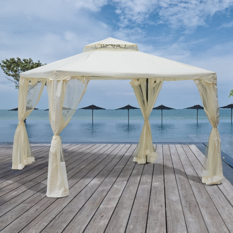 Outsunny 3 x 3 Meter Metal Gazebo Garden Outdoor 2-tier Roof Marquee Party Tent Canopy Pavillion Patio Shelter with Netting - Cream White