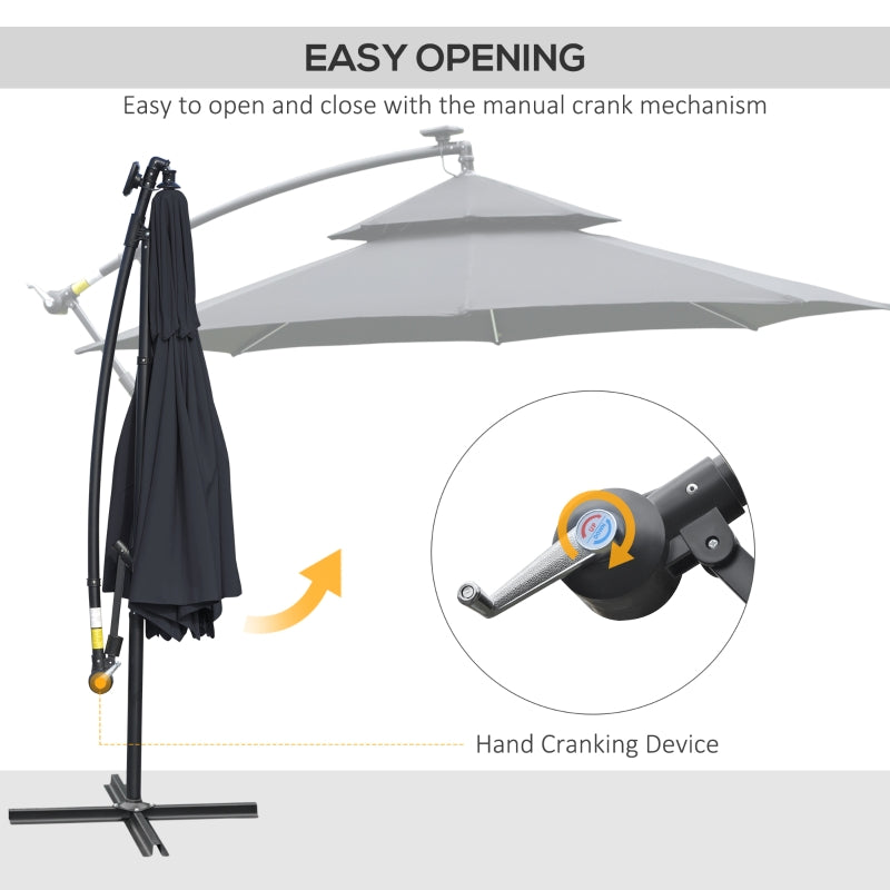 Outsunny 3(m) Cantilever Banana Parasol Hanging Umbrella with Double Roof, LED Solar lights, Crank, 8 Sturdy Ribs and Cross Base, Black