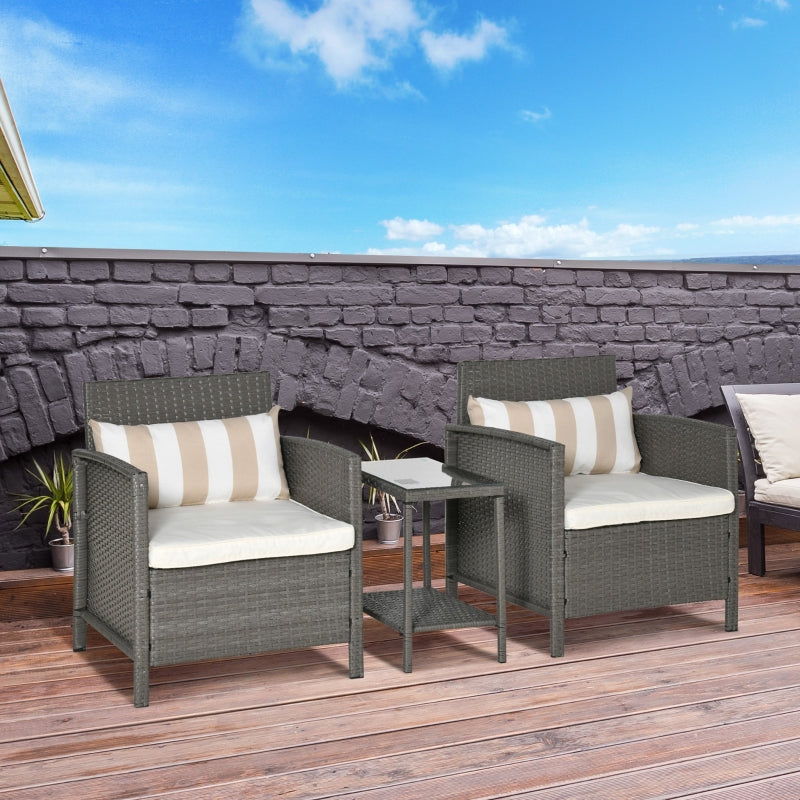 Outsunny Rattan Garden Furniture 3 Pieces Patio Bistro Set Wicker Weave Conservatory Sofa Chair & Table Set with Cushion Pillow - Light Grey