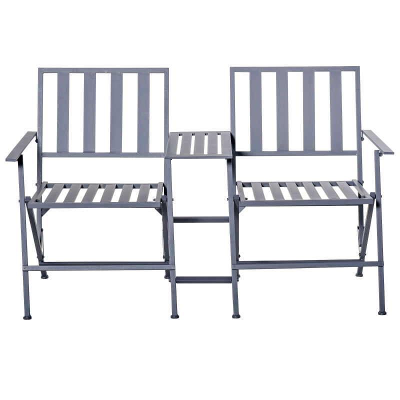 Outsunny Folding Steel Double Seat Garden Loveseat Bench Patio Chair w/ Table Companion Slatted Garden Patio Outdoor Balcony Furniture Grey