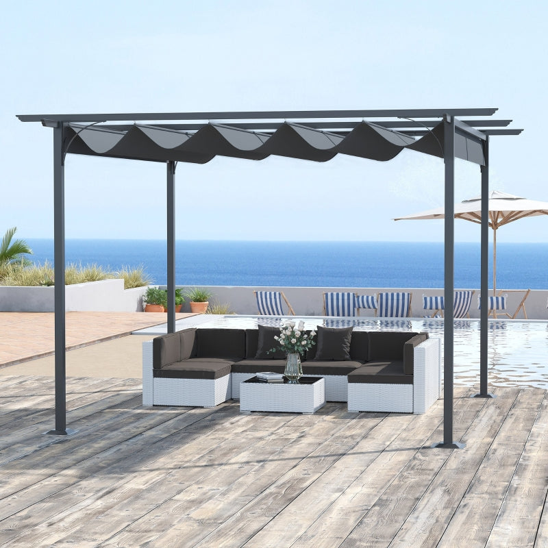 Outsunny 3.5M X 3.5M Metal Pergola Gazebo Awning Retractable Canopy Outdoor Garden Sun Shade Shelter Marquee Party BBQ, Grey