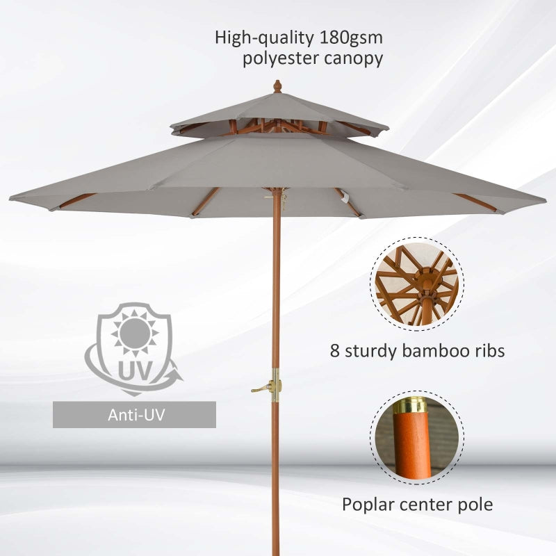 Outsunny 2.7 m Double Tier Outdoor Patio Garden Sun Umbrella Sunshade Wooden Parasol Grey Shade Canopy