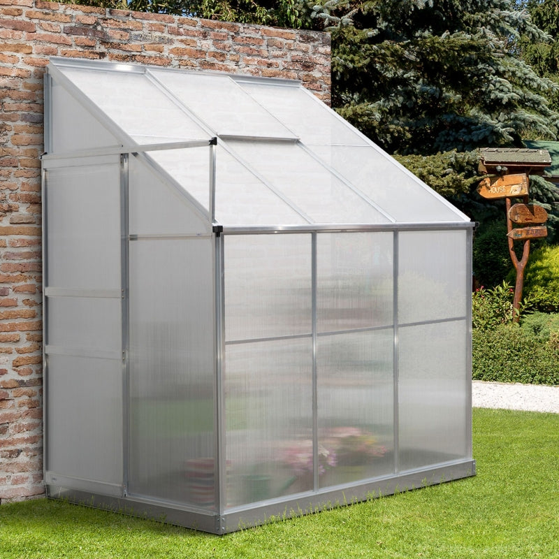 Outsunny Walk-In Greenhouse Lean to  Wall Greenhouse Garden Heavy Duty Aluminium Polycarbonate with Roof Vent for Plants, 6 x 4 ft