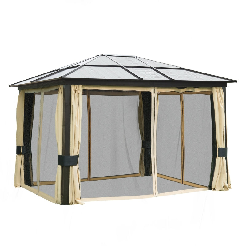 Outsunny 3.6 x 3(m) Hardtop Gazebo Canopy with Polycarbonate Roof and Aluminium Frame, Garden Pavilion with Mosquito Netting and Curtains, Brown