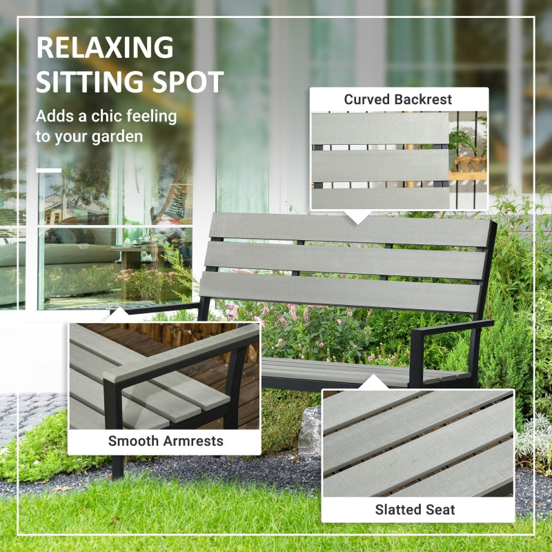 Outsunny 2 Seater Garden Bench, Slatted Outdoor Bench with Steel Frame, Garden Loveseat, 122 x 65 x 92 cm, Grey