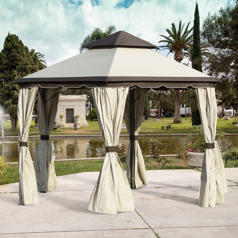 Outsunny 3.4m Steel Gazebo Canopy Party Tent Garden Pavilion Patio Shelter with Curtains & 2 Tier Roof, Beige