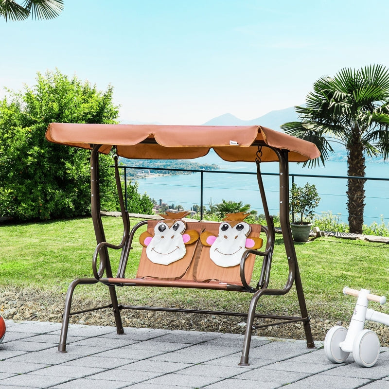 Outsunny 2-Seat Kids Canopy Swing, Children Outdoor Patio Lounge Chair, for Garden Porch, with Adjustable Awning, Seat Belt, Monkey Pattern, Coffee