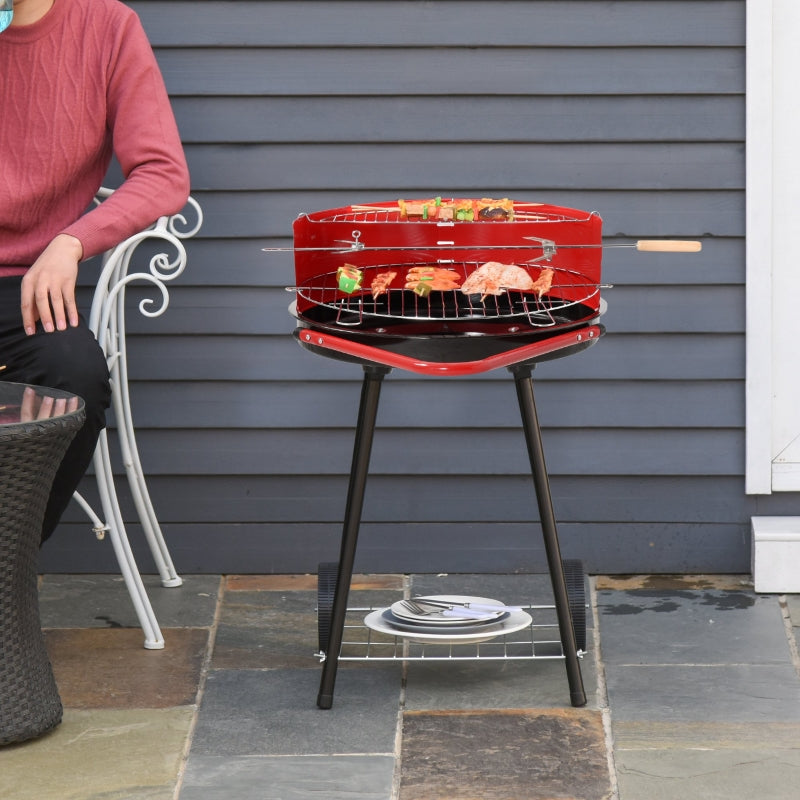 Outsunny Charcoal Barbecue Grill Garden BBQ Trolley w/ Adjustable Grill Pan Height, Wheels and 3 layers, Red