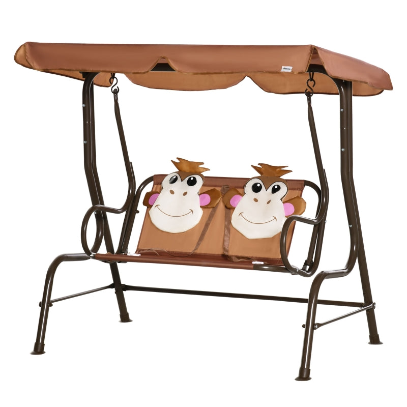 Outsunny 2-Seat Kids Canopy Swing, Children Outdoor Patio Lounge Chair, for Garden Porch, with Adjustable Awning, Seat Belt, Monkey Pattern, Coffee